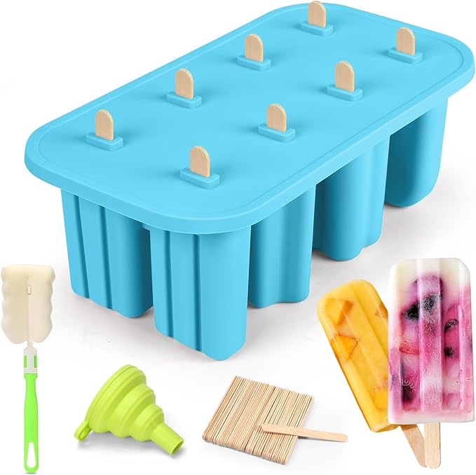 Firstfooby Popsicles Molds, 8-Cavity Silicone Popsicle Molds with 50 Sticks, BPA-Free Ice Pop Mold Popsicle Maker with Funnel & Cleaning Brush for Kids Adult Teens