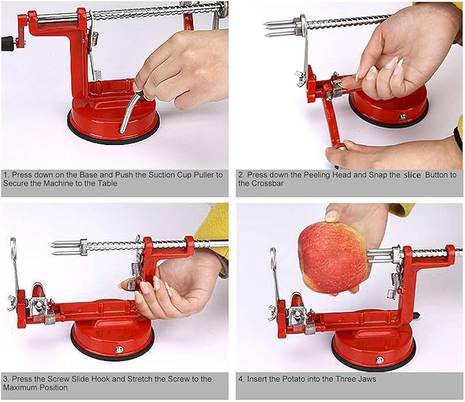 Apple Peeler Corer, Apple Peeler, 3 in 1 Peel Slice Remove Core, with Suction Base Suitable for Apples, Pears, Potatoes, Carrots (Red)