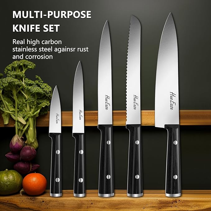 HueEase Knife Set,6-Piece Kitchen Knife for Home Use, Sharp Knife Set with Natural Acacia Wood Knife Block, Germen Steel Wood Handle Kitchen Knife Block Set, Ergonomical Design ((Ink-black))