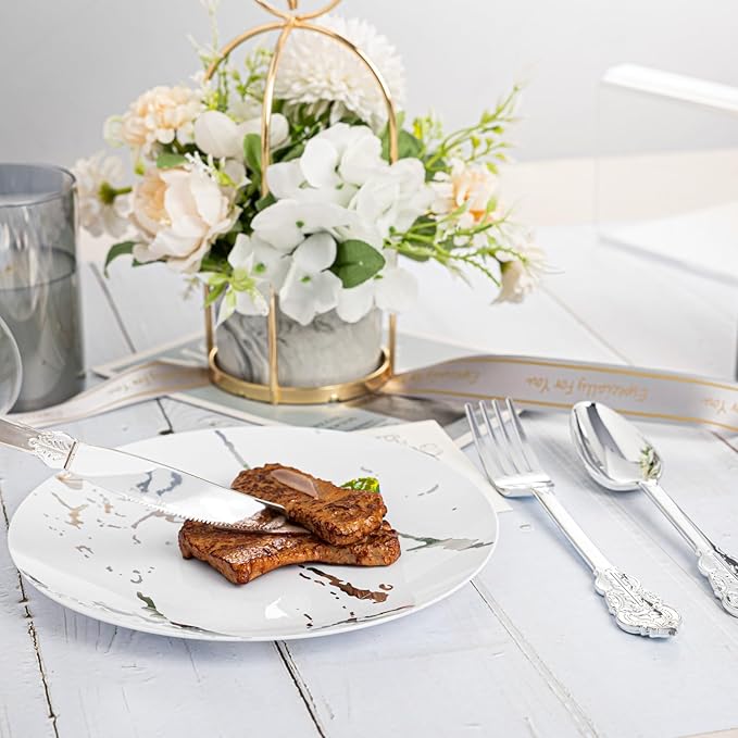 N9R 300PCS Silver Plastic Silverware, Vintage Disposable Utensils & Cutlery