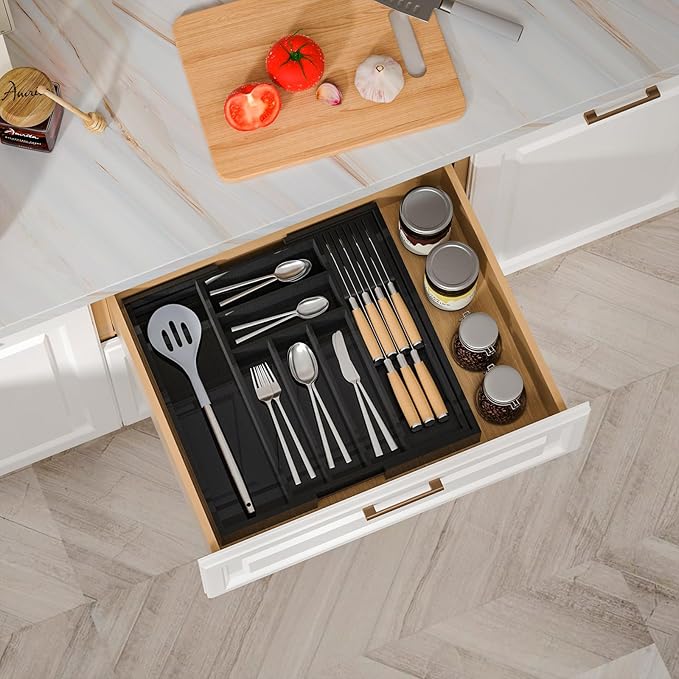 TIOPGHAD Expandable Bamboo Silverware Drawer Organizer Kitchen Tray, Black