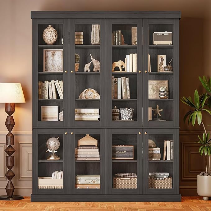 70.8" Tall Black Bookshelf with Glass Doors, Farmhouse Modular Bookcase with 6-Tier Adjustable Shelves, Large Storage Cabinet for Home Office, Living Room, Set of 4