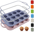 Socisen 2 Packs 12 Cups Silicone Muffin Pan with Metal Reinforced Frame Regular Size Cupcake Pan Tray Egg Bites Silicone Circle Cookie Molds Muffin Tin Bread Loaf Pans for Homemade Reusable Tart Pans
