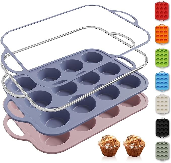 Socisen 2 Packs 12 Cups Silicone Muffin Pan with Metal Reinforced Frame Regular Size Cupcake Pan Tray Egg Bites Silicone Circle Cookie Molds Muffin Tin Bread Loaf Pans for Homemade Reusable Tart Pans