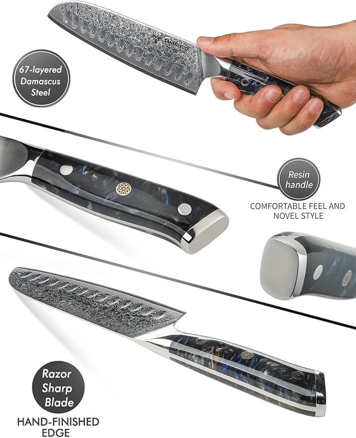 SANMUZUO Santoku Knife - 7 inch - Xuan Series - VG10 Damascus Steel Kitchen Knife - Resin Handle (Starry Black)