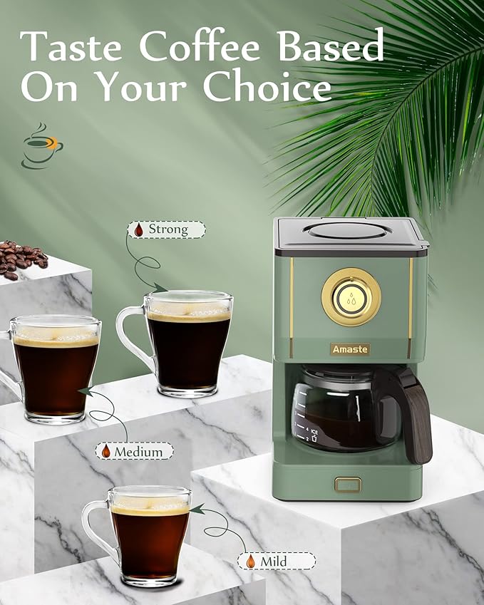 Amaste Drip Coffee Maker, Coffee Machine with 25 Oz Glass Coffee Pot, Retro Style Coffee Maker with Reusable Filter & Three Brewing Modes, Warming Plate, Matcha Green