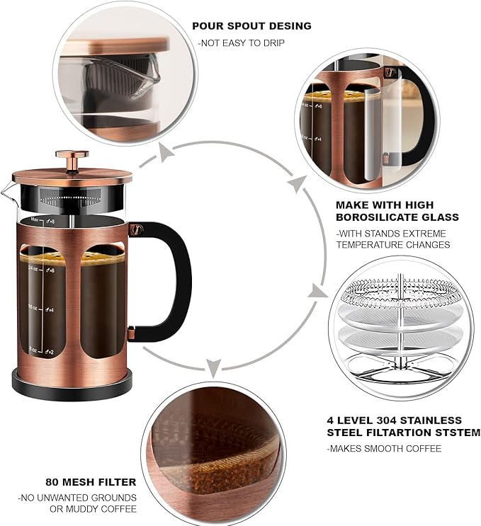YMMIND French Press Coffee Maker (34oz 1Quart 5-6Cup) Coffee Press, with 4 Filters System, Heat Resistant Thickness Borosilicate Glass, Cold Brew Coffee Tea Pot Gifts (Copper)