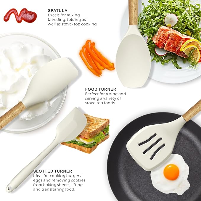 oannao Silicone Cooking Utensils Set - 446°F Heat Resistant Silicone Kitchen Utensils for Cooking,Kitchen Utensil Spatula Set w Wooden Handles, BPA FREE Gadgets for Non-Stick Cookware (Khaki)