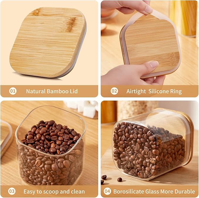 Spreccio Square Glass Food Storage Jars with Lids[Set of 5], Perfect for Pasta, Cookies, Nuts, Coffee, Cereal, Flour,Organize Your Kitchen and Pantry with these BPA-Free Glass Jars with Canisters