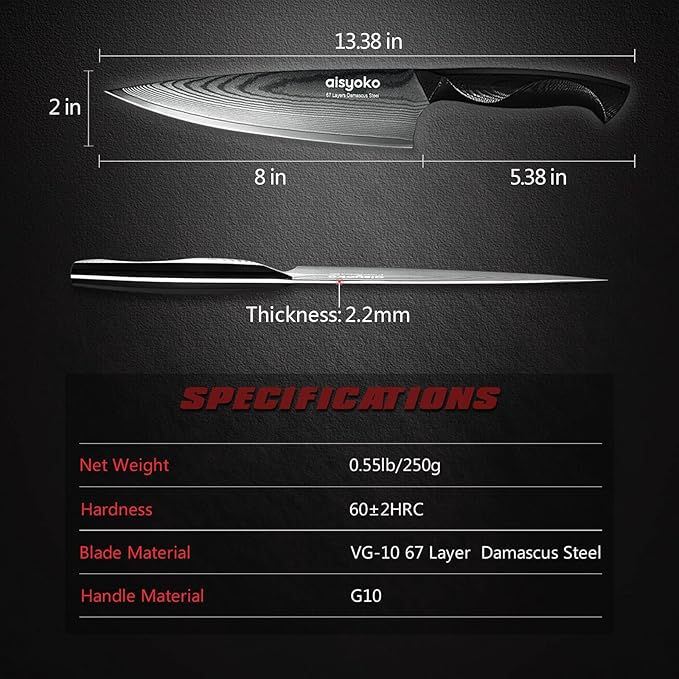 aisyoko Damascus Chef Knife 8 Inch Sharp Kitchen Knife Japan VG-10 Stainless Steel Carbon Ultra Sharp Kitchen Cooking Knife, Ergonomic G10 Handle Deluxe Gift Box