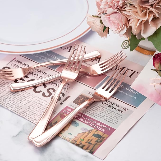 Liacere 200 Pack Rose Gold Forks Disposable - 7.4 inch Heavy Duty Plastic Forks - Heavyweight Plastic Fork - Rose Gold Silverware for Catering, Parties, Dinners, Wedding＆Mother's Day＆Valentine's Day