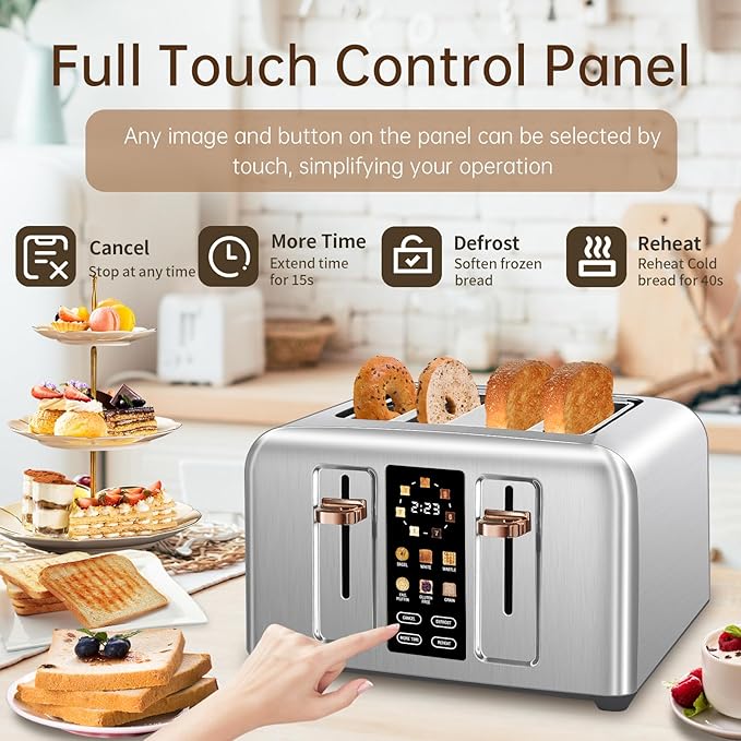 SEEDEEM Touchscreen Toaster 4 Slice, 7 Shade, Stainless, 1800W Silver Metallic