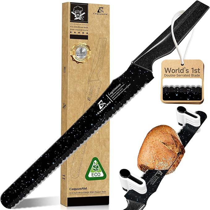 CoquusAid Upgrade Bread Knife for Homemade Bread, World‘s 1st Double Serrated Knife for Crusty Sourdough, 11.6 Inch Stainless Steel Bread Slicer, Professional Sourdough Cutter, Ideal Gift, Black