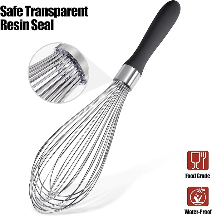 Doosu 18/8 Stainless Steel Balloon Whisk for Cooking (12 Wires, Black)