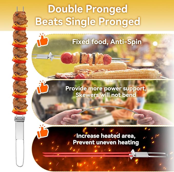 Stainless Steel Skewers for Grilling, 13"（6PCS）Dual-Prong Flat with Slider