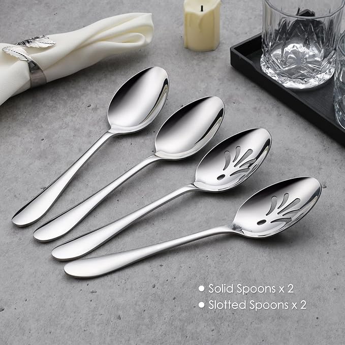 E-far 4-Piece Serving Set - Includes 2 Spoons and 2 Slotted Spoons, Stainless Steel Buffet Utensils for Catering Party Kitchen Restaurant - Mirror Polished, Dishwasher Safe, 8.5-Inch