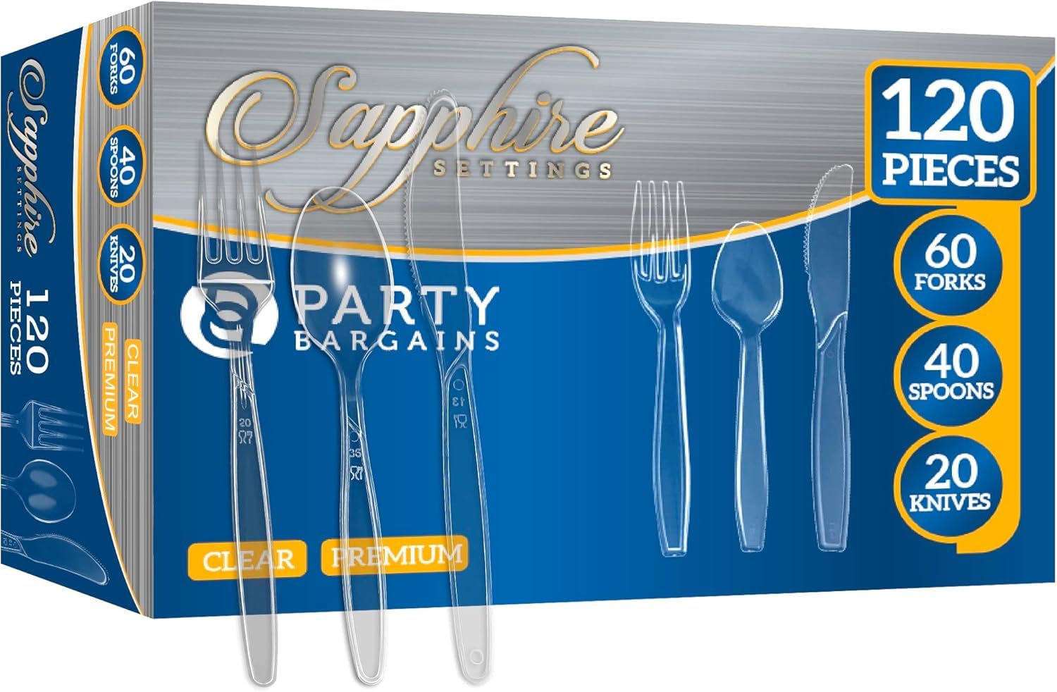 Party Bargains Disposable Cutlery Set [Sapphire] - [120 Count] Clear Heavy Duty & Solid Disposable Silverware Utensils Set, Perfect for Weddings, Buffets, Luncheons