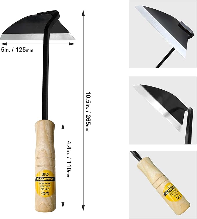 Hanpex Japanese Wide Blade Gardening Tools I Premium Quality Hand Hoes/Weeding Sickle Have Very Sharp Edge for Quick Work