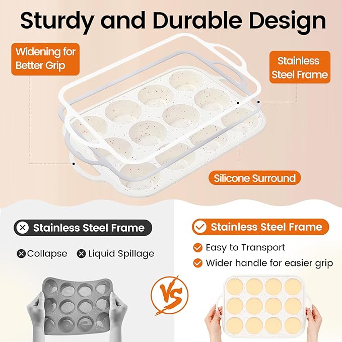 Fimary Silicone Muffin Pan with Metal Reinforced Frame - 12 Cups Muffin Pan With 24 Cups for Homemade Muffins, Cupcakes, Oven and Dishwasher Safe - Set of 2, Rainbow Dots
