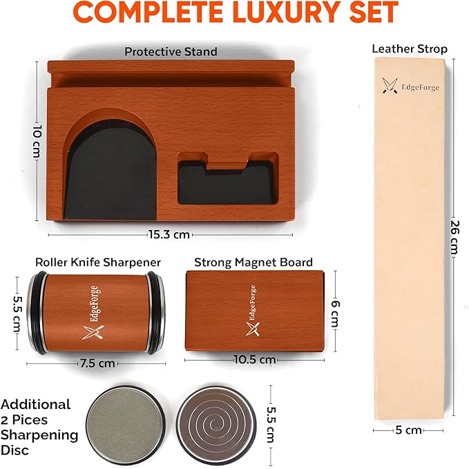 Rolling Knife Sharpener Kit – Diamond & Ceramic Knife Sharpener Set with Magnetic 15° & 20° Angle Guide, 4 Sharpening Discs, Leather Strop & Stand, Manual Kitchen Knife Sharpening Tool Gift Set