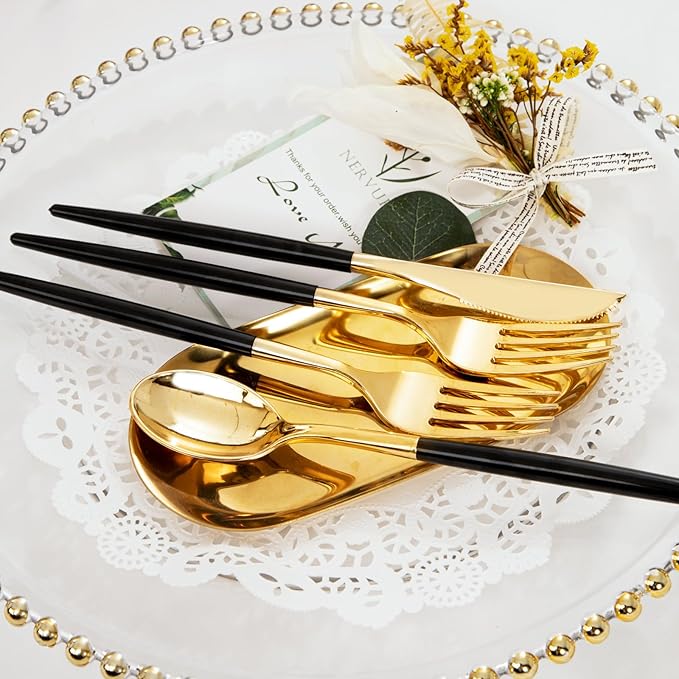 I00000 144Pcs Black Plastic Silverware Set, Gold Utensils with Black Handle