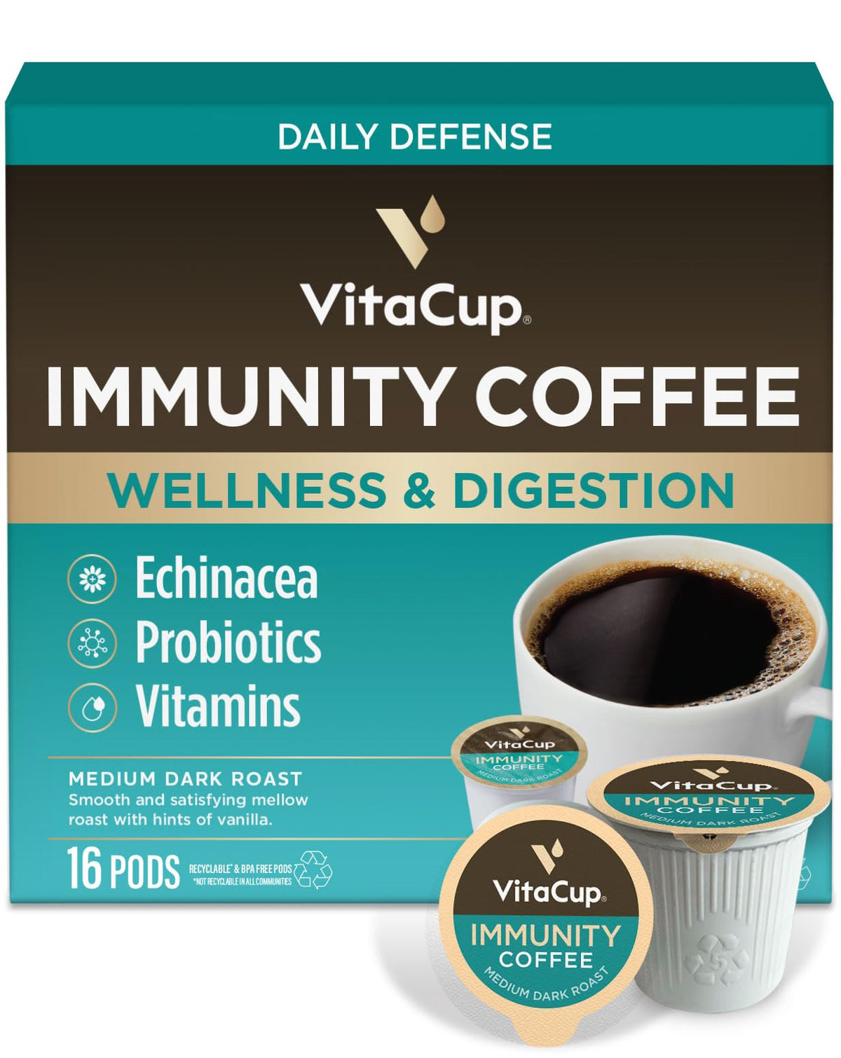 VitaCup Mushroom Coffee Pods, with Lions Mane for Memory & Clarity, 16ct