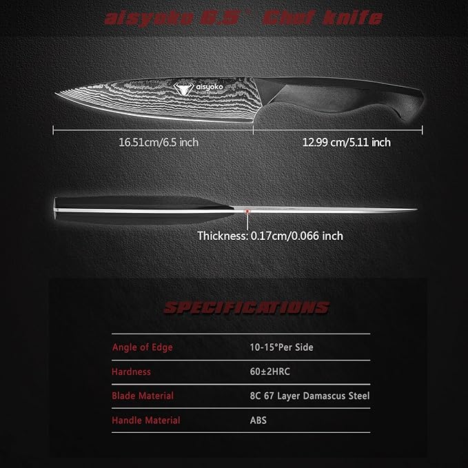 aisyoko Professional Chef Knife 6.5" Damascus Kitchen Knife 8C High carbon stainless steel Super sharp,Full Tang ABS Anti-Skid Handle utility knife Japanese Cooking Knife with Luxury Gift Box