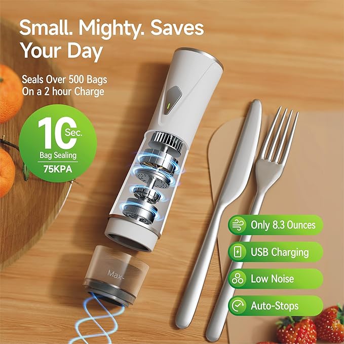 Fiyxlop Vacuum Sealer for Food, Premium Handheld Vacuum Sealer + 35 Reusable Vacuum Bags, Powerful Vacuum Food Sealer for Kitchen, Home, BBQ, Travel, Gifts, Seal Food 6X Fresh Longer