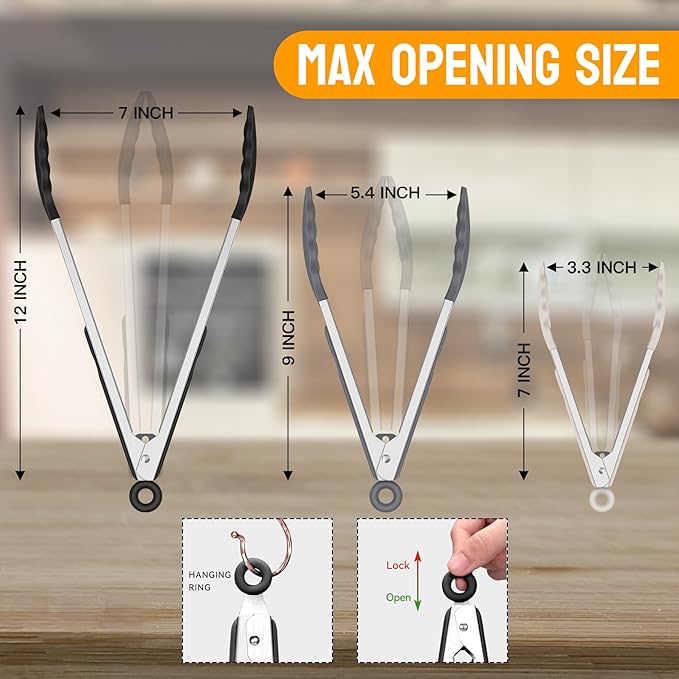 HOTEC Premium Stainless Steel Locking Kitchen Tongs with Silicon Tips, Set of 3-7", 9" and 12", Black, Grey, White