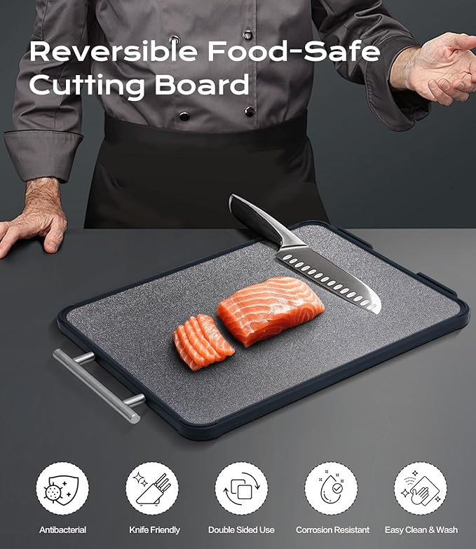 Titanium Cutting Board for Kitchen- Double Sided Cutting Board with Stand, Textured Food-Grade Pure Titanium Side for Chopping Meat, PP Side for Vegetables, Easy to Clean(14.5”×11”, 1 PC)
