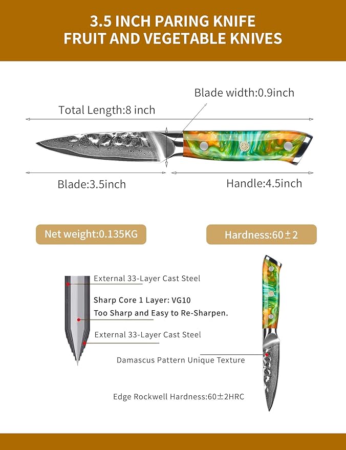 SANMUZUO 3.5 Inch Paring Knife - Fruit and Vegetable Peeling Knives, Forged Damascus Steel & Resin Handle - YAO Series