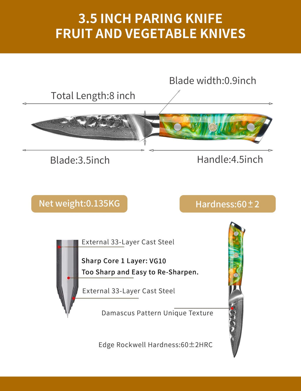 SANMUZUO 3.5 Inch Paring Knife - Fruit and Vegetable Peeling Knives, Forged Damascus Steel & Resin Handle - YAO Series