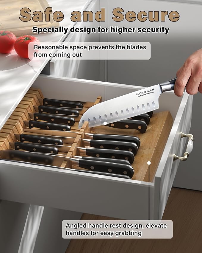 Cook N Home Basics Durable Wood Cutlery Holder, Knife Storage Block Organizer, Made of natural rubber wood, Polished Surface, Suitable for Drawers, 2 Pcs, 9-Slot