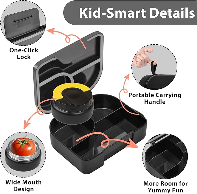 Lunch Box with Thermo Jar, Large-Capacity 3-Compartment Bento Box, Black