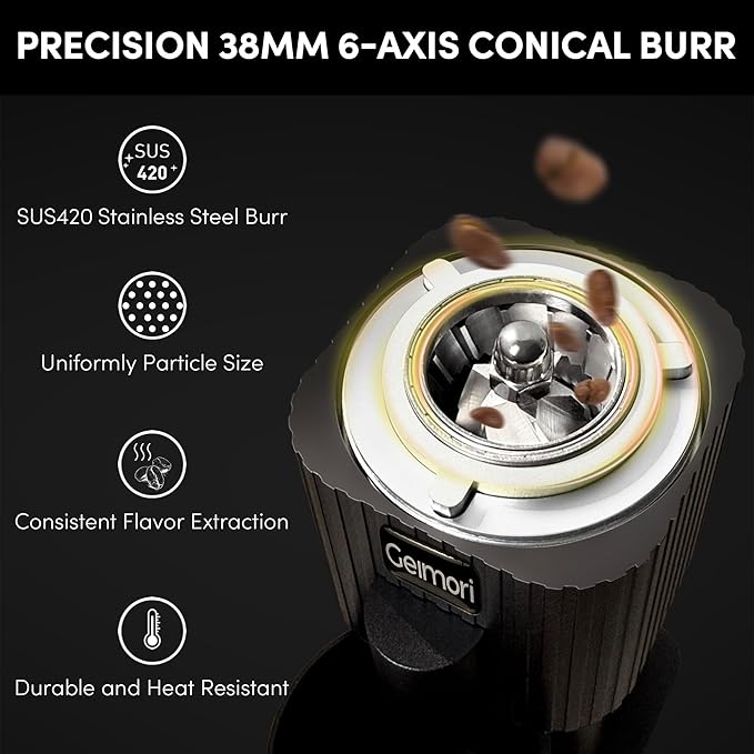 Portable Electric Burr Coffee Grinder,Wirsh Geimori T38 with 3600mAh Battery& Stepless Adjustment for Espresso,Pour Over,French Press, Single Dose, Fast USB-C Charging,Travel & Home Use,Black