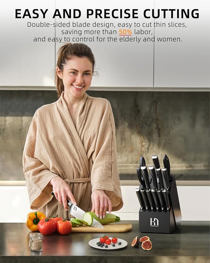 KnifeSaga Knife Set 15 Pcs High Carbon Stainless Steel Kitchen Knife Sets with Block & Sharpener, Premium Razor-Sharp Black Knives Block Set for Kitchen, Ergonomic Full-Tang Handle
