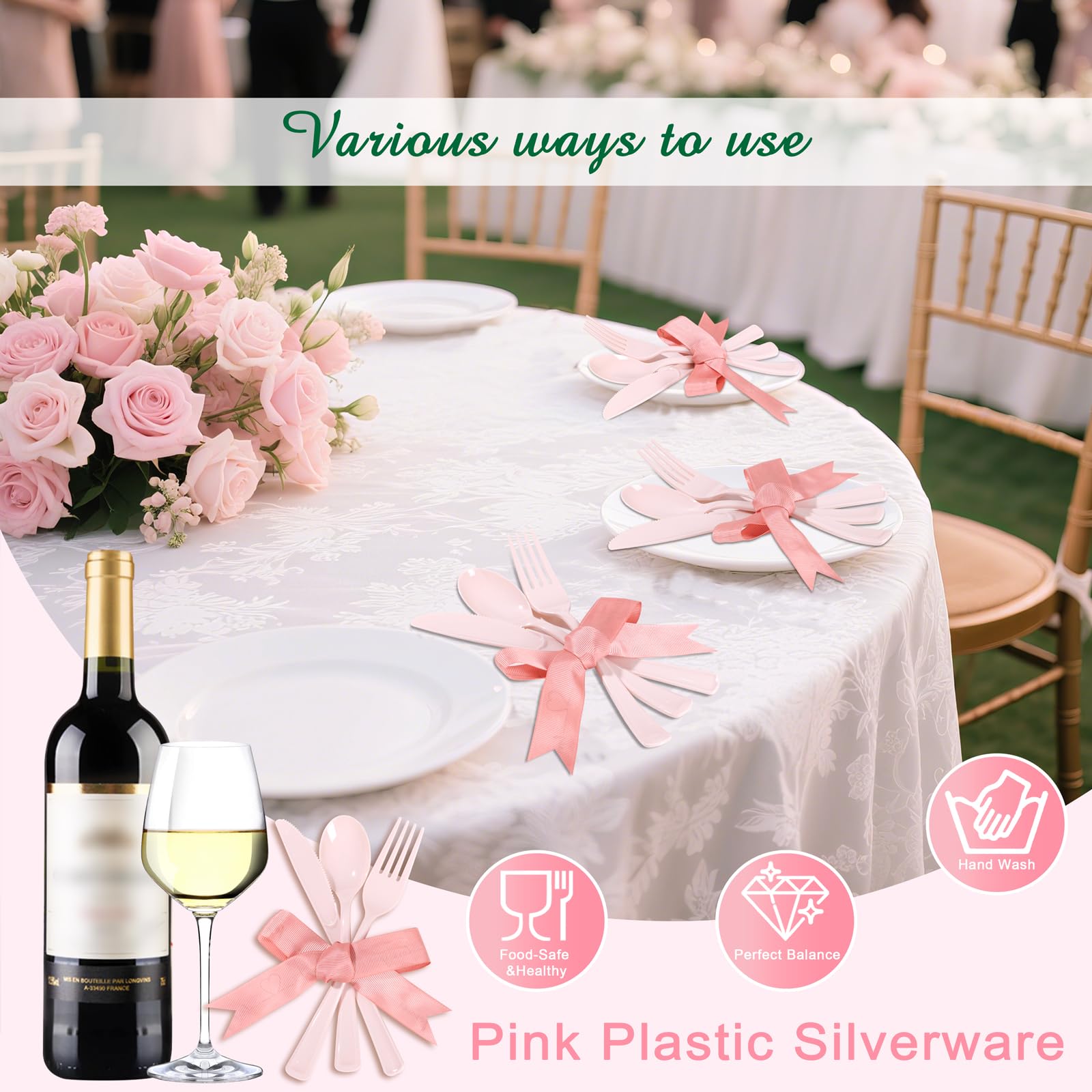 Supernal 300pcs Pink Plastic Silverware, Disposable Cutlery Set