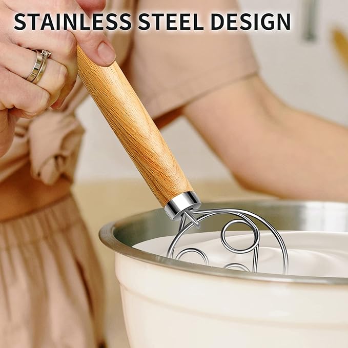 TEEVEA Danish Dough Whisk Wooden Handle Stainless Steel for Sourdough Bread