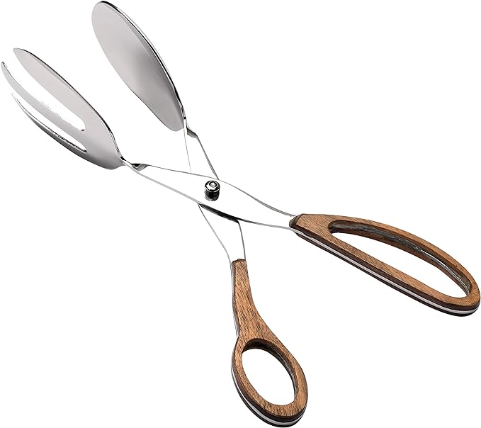 Folkulture Salad Tongs for Cooking | 11.5" Heat Resistant Kitchen Tongs, Salad Server or Metal Serving Utensil | Stainless Steel Cooking Accessory for Home, Buffet & BBQ | Wooden