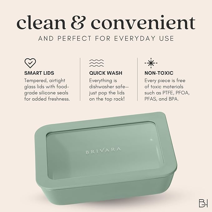 BRIVARA HOME Glass Food Storage Container with Lid, 5-Cup Medium Square | Microwave-Safe Airtight Lid, Oven-Safe Ceramic-Coated Glass | Zero Plastic, No PFAS/PFOA/BPA, Reusable [Willow]