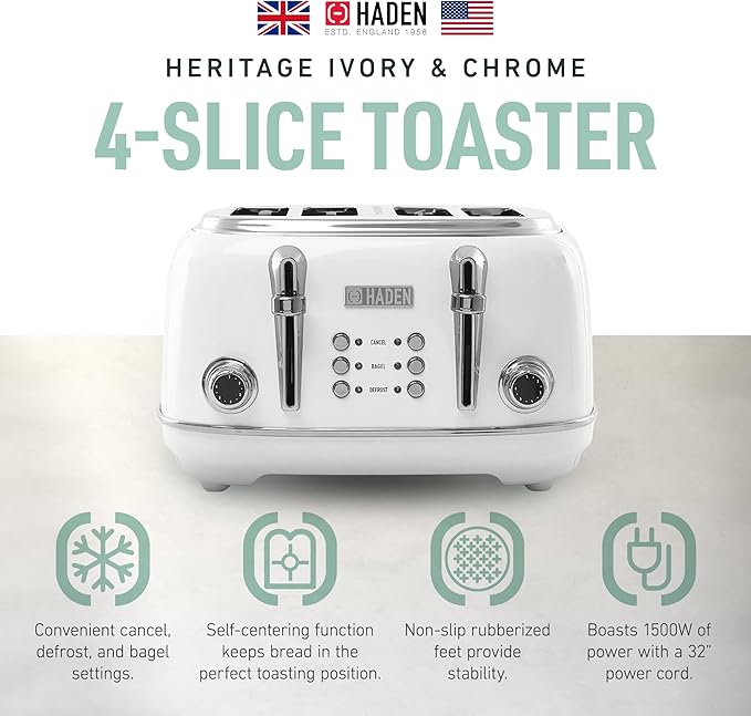 HADEN Heritage Toaster with Extra Wide Slots, 1500-Watt, Ivory & Chrome - Retro Stainless Steel Design with Self-Centering Function, 4 Slice Adjustable Browning Control & Removable Crumb Tray