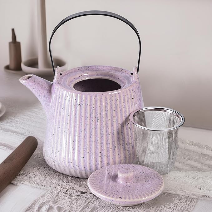 Yundu Ceramic Teapots for Tea, 1000ml/33.8oz Tea Pot with Infusers for Loose Tea, Striped Tea Pot with Removable Tea Infuser - Reactive Pueple