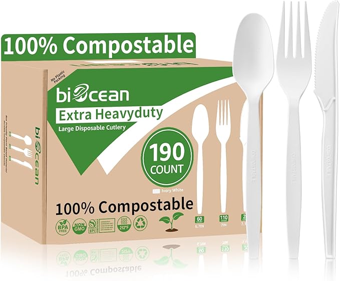 Biocean Extra Heavyduty Compostable Cutlery Set - 190 Count Large Disposable Utensils No Plastic Forks Spoons Knives Biodegradable Fork Eco Friendly Silverware for Party,BBQ,Daily Use,Events,Picnic