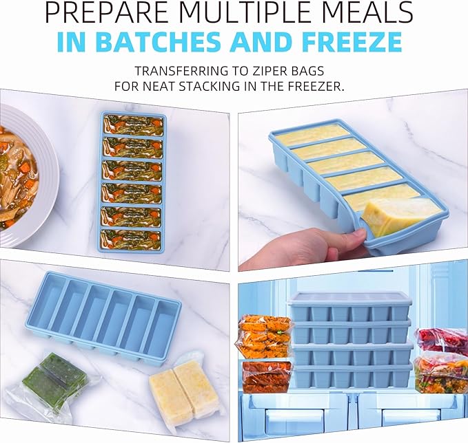 1/2 Cup Silicone Freezer Tray With Lid - Silicone Freezer Molds 2-Pack For meal prep & freezing of various sauces and other dishes, makes 12 perfect 1/2 cup portions cube (Blue 2 Pack)