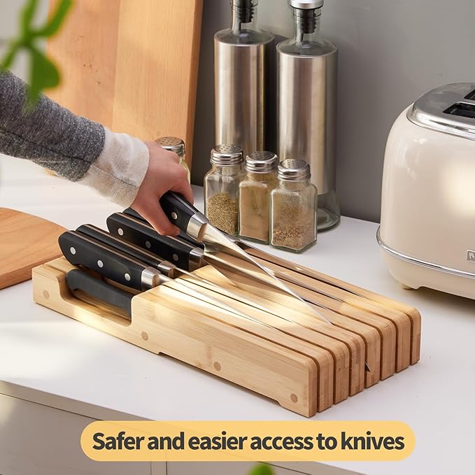 Bamboo Knife Block and In-Drawer Storage, Display Stand and Organizer, Holds Up To 7 Knives(Not Included)