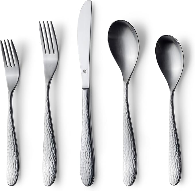 Danialli Matte Silverware Set, 18/10 Stainless Steel Satin Flatware, Modern Brushed Finish Cutlery, Dishwasher Safe & Durable, Built to Last (60-Piece, Marettimo Hammered)