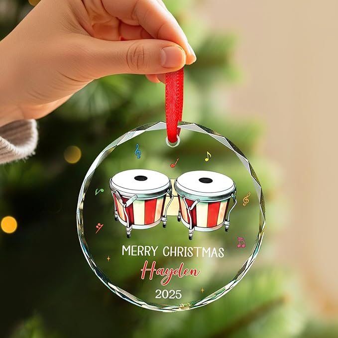 Bongo Drum Player Christmas Ornament Gifts, Personalized Text & Name Musical Instrument Glass Ornament Xmas Tree 2026, Bongo Glass Ornaments Gifts for Drummer Music Lovers, Custom Musician Ornaments