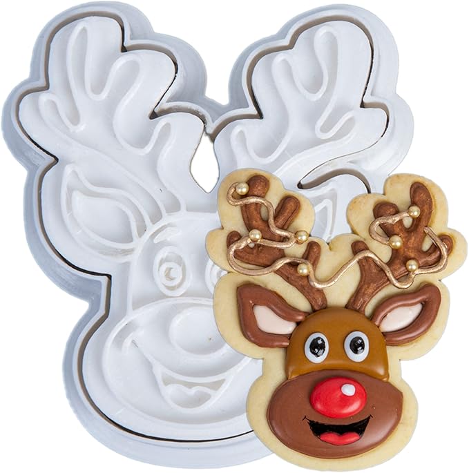 Flycalf Reindeer Cookie Cutters Christmas Shapes with Plunger Stamps Holiday PLA Baking Accessories Cutter Molds Gifts Decorative Party 3" Kitchen Cake Supplies