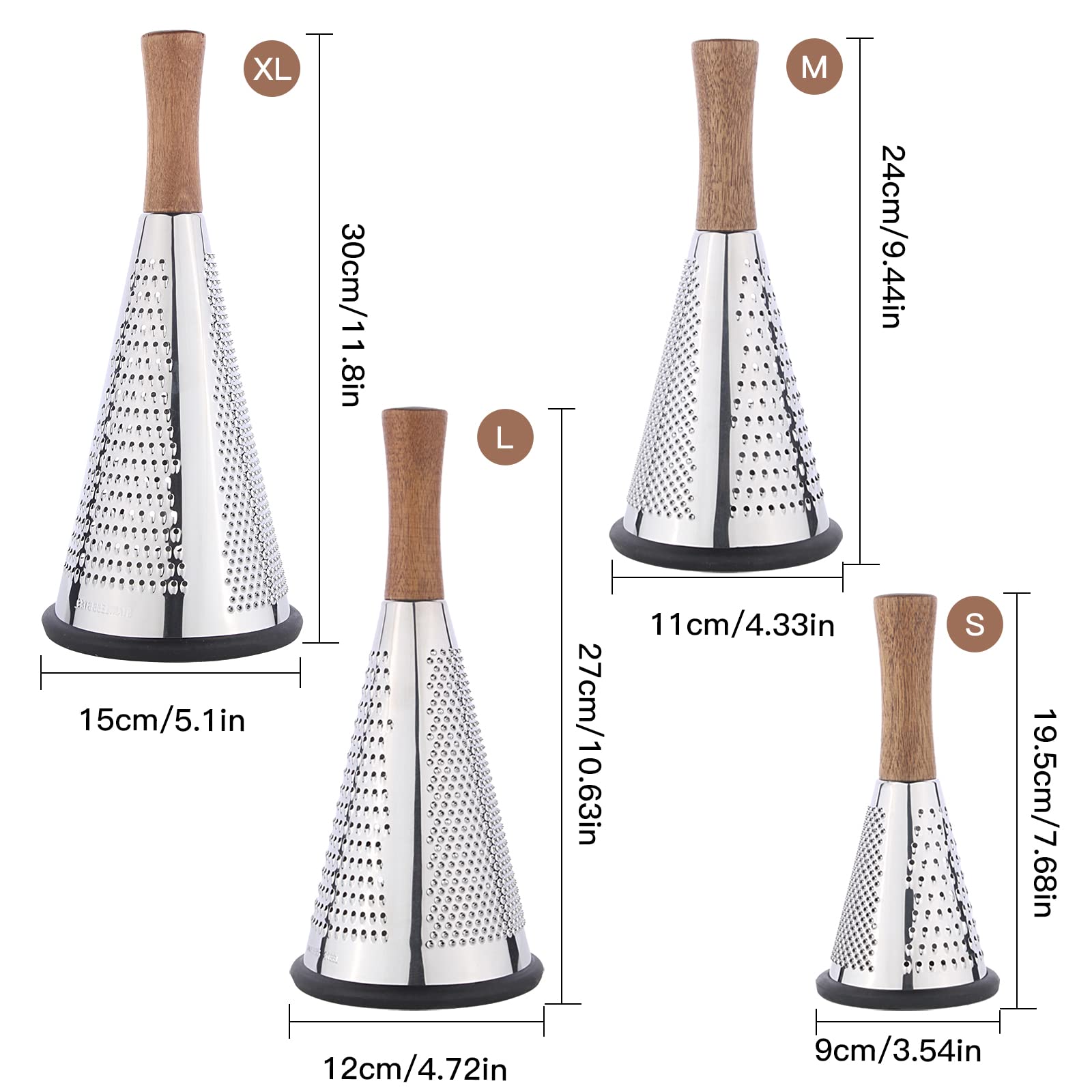 Cone Cheese Grater with Handle - Stainless Steel Triple Function Wood Handle Parmesan Shaver Non-Slip Rubber Bottom Hand Held Multifunction Vegetables Cheese Grater with container (M: 9.4" X 4.3")