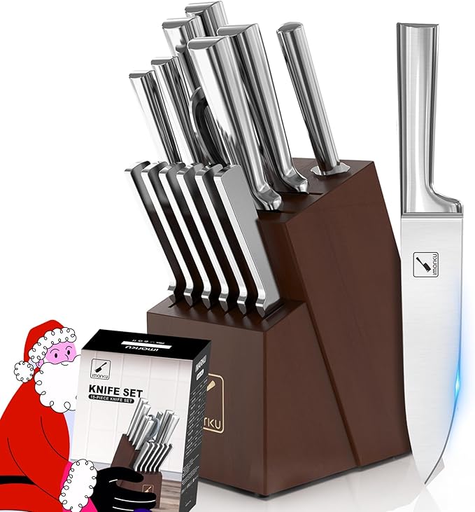 imarku Knife Set - Kitchen Knife Set 15 Pieces Japanese Stainless Steel Knife Block Set with Sharpener - Dishwasher Safe Kitchen's Knives - Ultra Sharp Chef Knife Set for Kitchen, Utility Knives